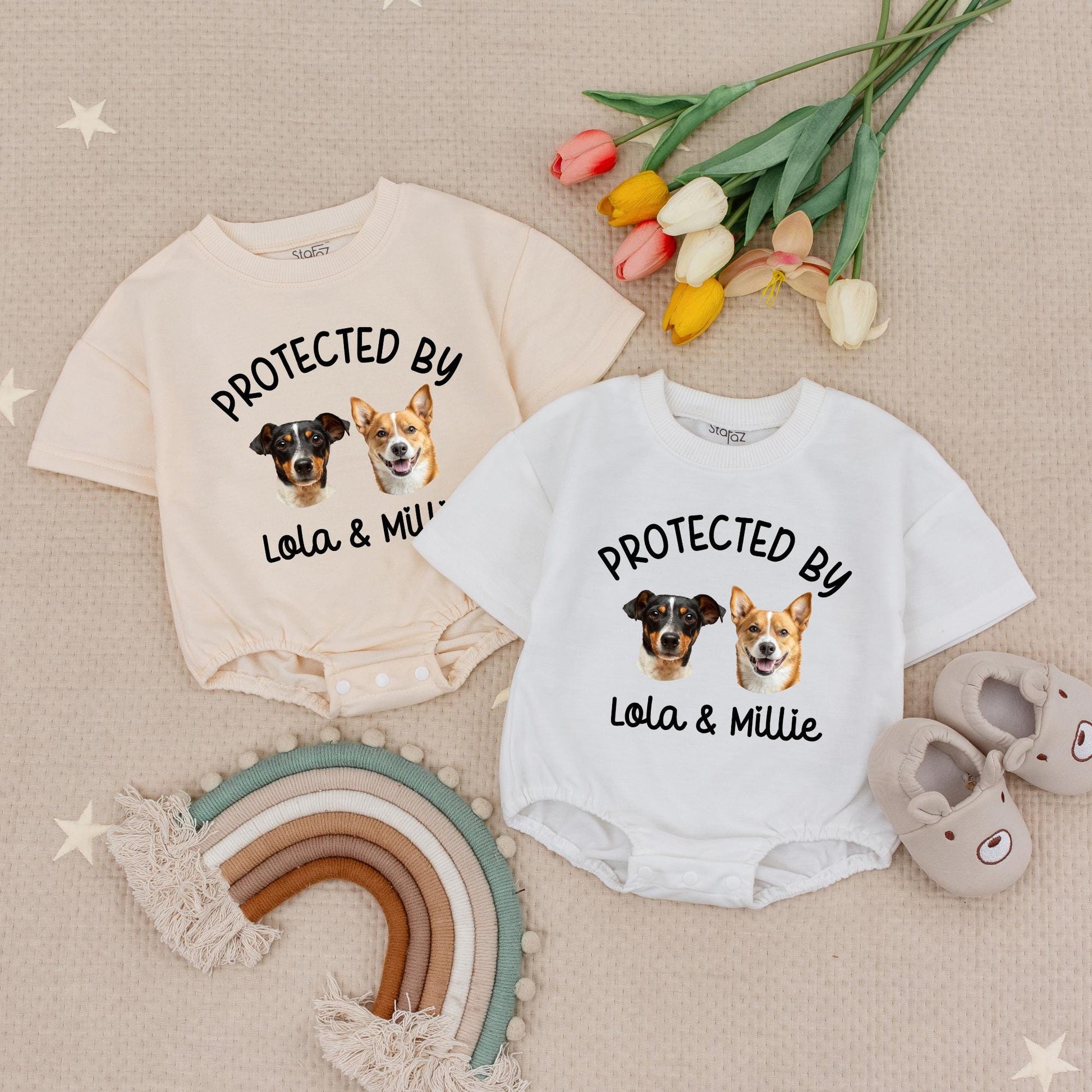 Custom 'Protected by Lola & Millie' Baby Romper with Pet Photo Design Cute Personalized Baby Shower Gift
