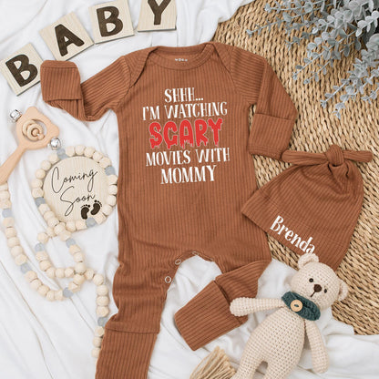 Shhh... Watching Scary Movies With Mommy Baby Bodysuit, Funny Halloween Outfit for Baby Boy or Girl, Cute Newborn Shower Gift