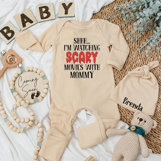Shhh... Watching Scary Movies With Mommy Baby Bodysuit, Funny Halloween Outfit for Baby Boy or Girl, Cute Newborn Shower Gift