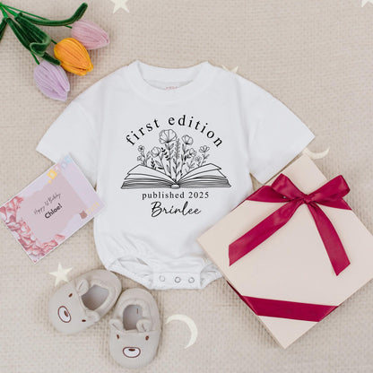 Personalized First Edition Baby Romper with Name, Published 2025 Botanical Book Art Newborn Bodysuit Librarian Baby Gift Idea