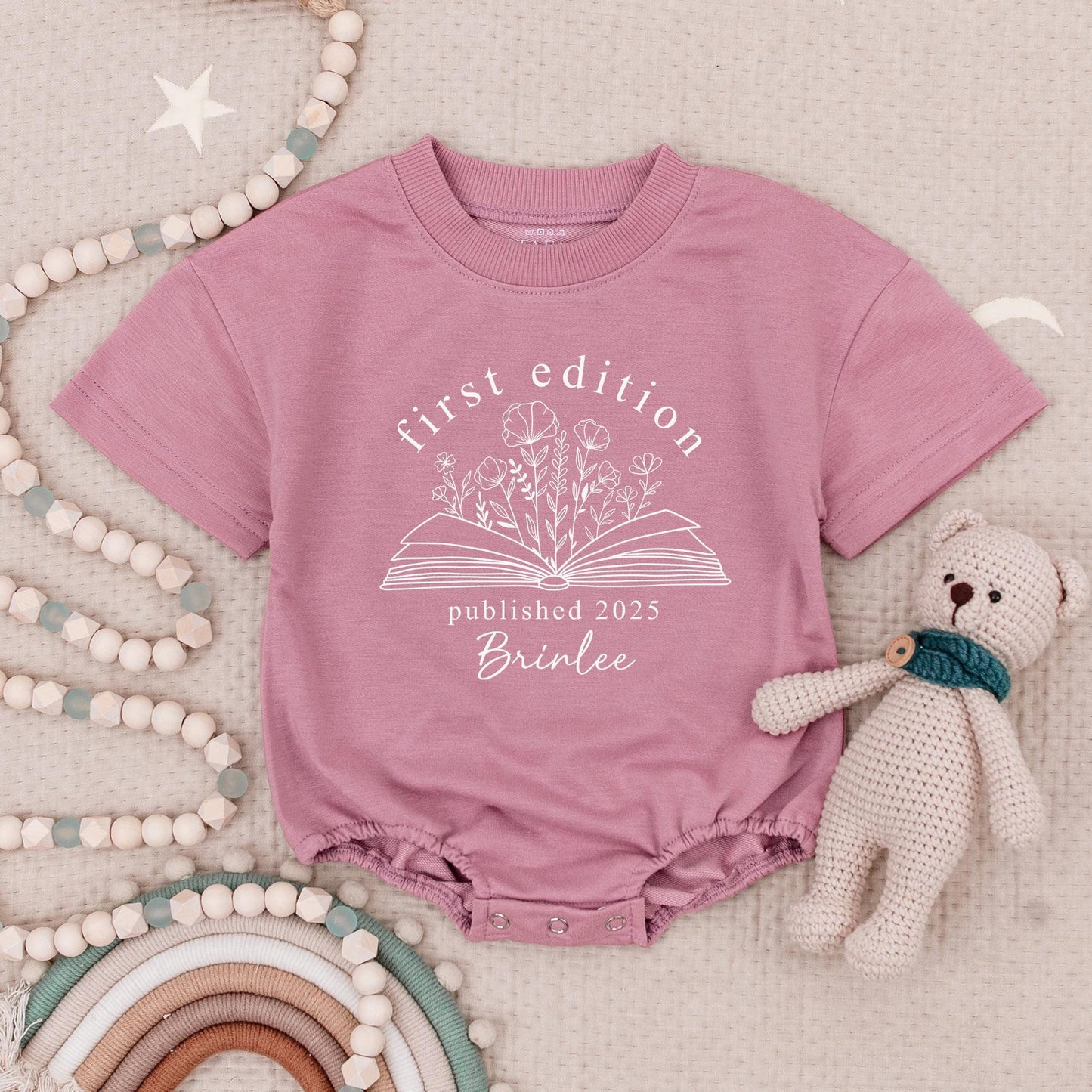 Personalized First Edition Baby Romper with Name, Published 2025 Botanical Book Art Newborn Bodysuit Librarian Baby Gift Idea