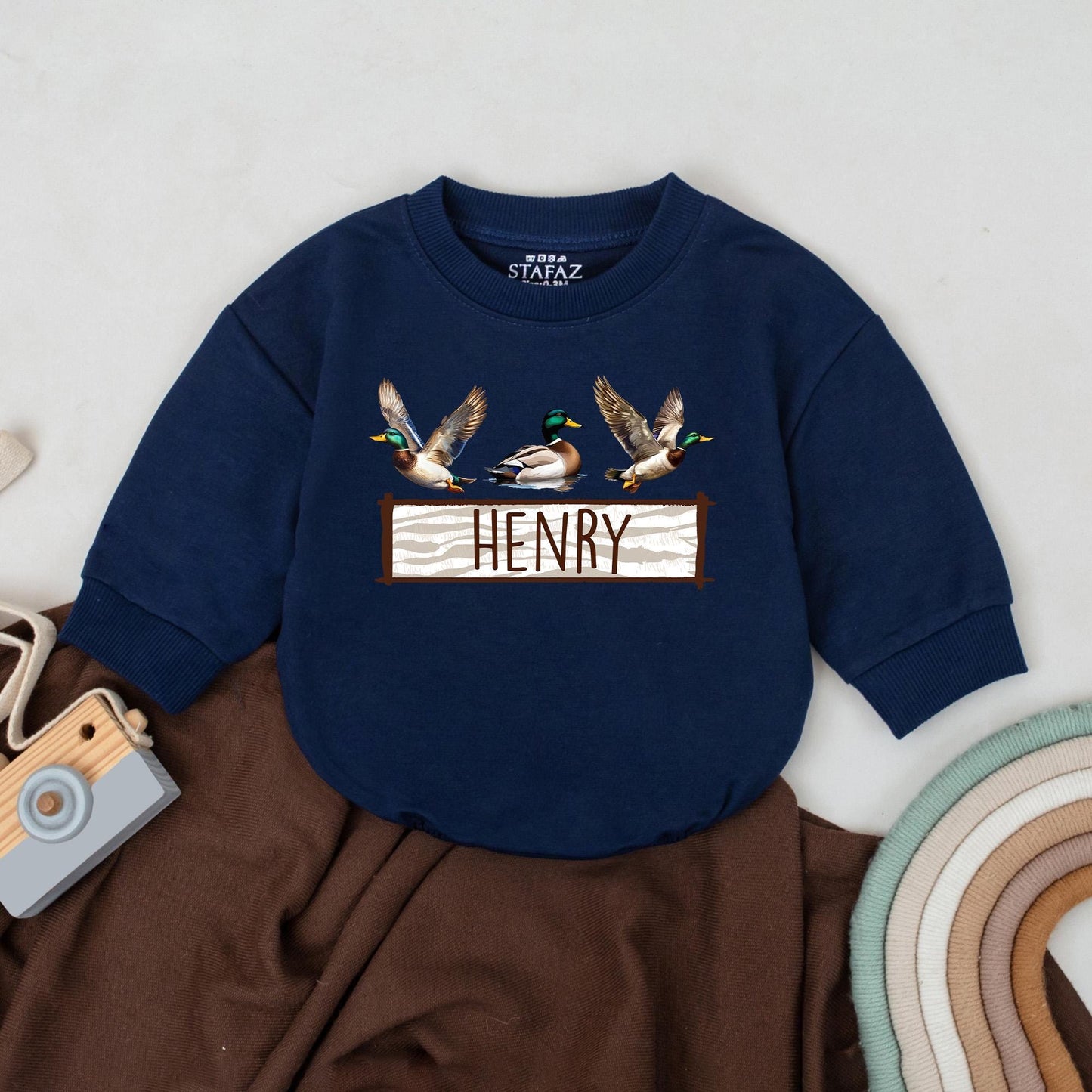 Personalized Mallard Duck Hunting Romper - Baby Boy First Birthday Outfit, Newborn Bodysuit, Duck Lover Gift, Camo Baby Clothes