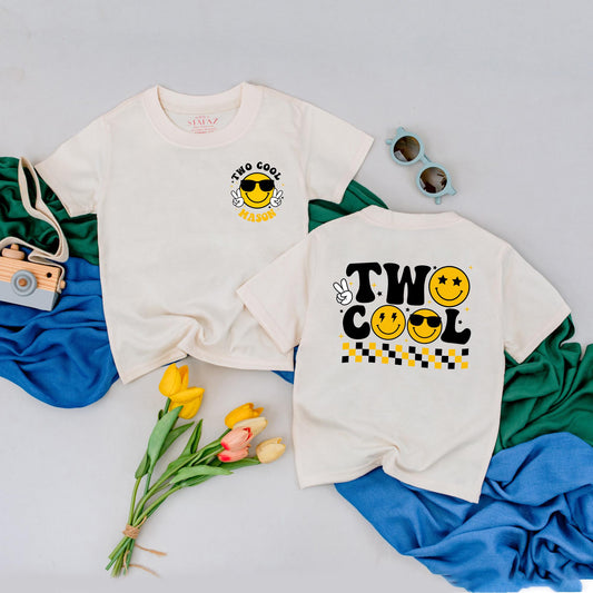 Two Cool Custom Birthday Boy Shirt, Retro Smiley Face Tee, Personalized Second Birthday Outfit, Toddler 2nd Birthday Gift, Happy Face Party Top