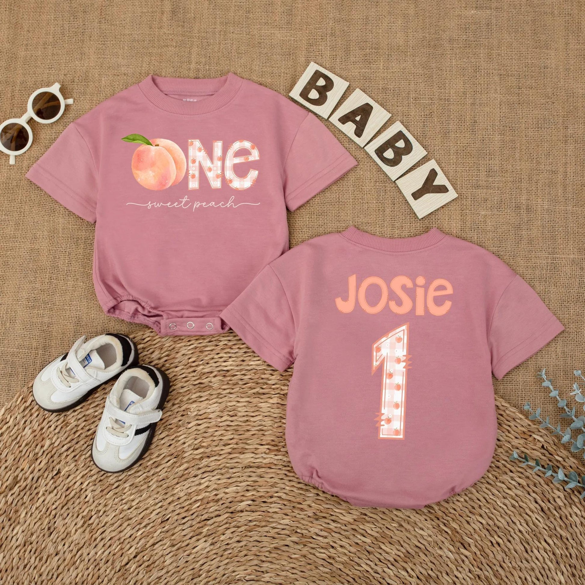 Sweet Peach First Birthday Romper Baby Girl Outfit Personalized Name Summer Party Gift 1st Birthday Bodysuit Peach Lover