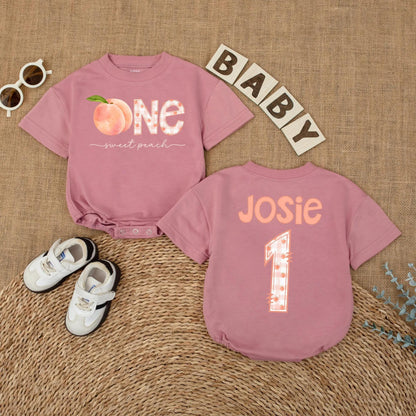 Sweet Peach First Birthday Romper Baby Girl Outfit Personalized Name Summer Party Gift 1st Birthday Bodysuit Peach Lover
