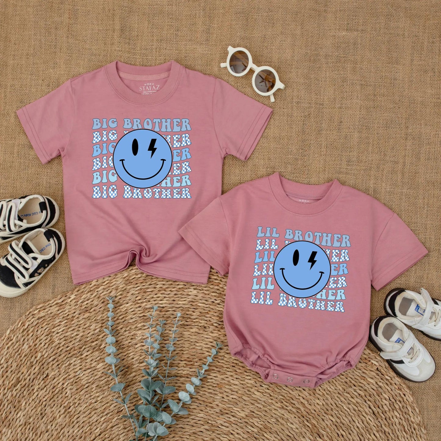 Big Brother Little Brother Matching Shirts for Siblings with Blue Lightning Smiley Face Graphic and Checkerboard Accents Ideal for Baby Announcement or Hospital Coming Home Outfit New Brother Gift