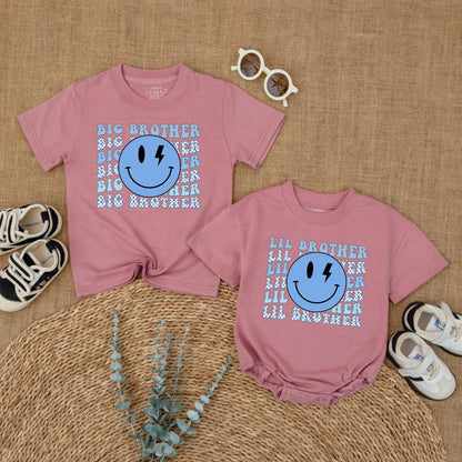 Big Brother Little Brother Matching Shirts for Siblings with Blue Lightning Smiley Face Graphic and Checkerboard Accents Ideal for Baby Announcement or Hospital Coming Home Outfit New Brother Gift