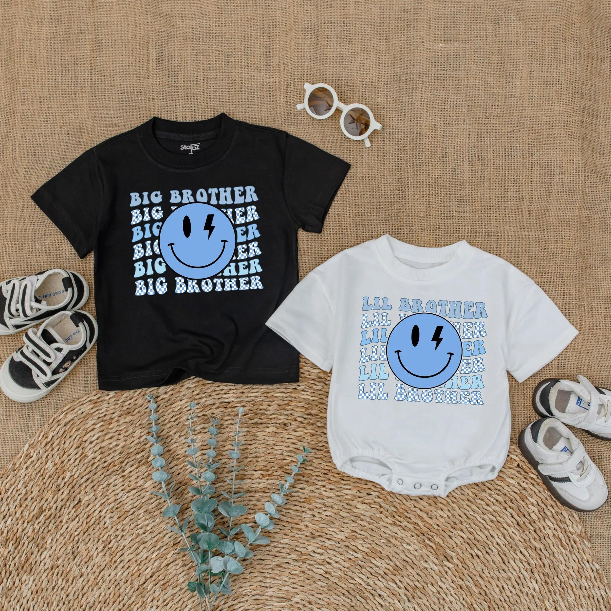 Big Brother Little Brother Matching Shirts for Siblings with Blue Lightning Smiley Face Graphic and Checkerboard Accents Ideal for Baby Announcement or Hospital Coming Home Outfit New Brother Gift