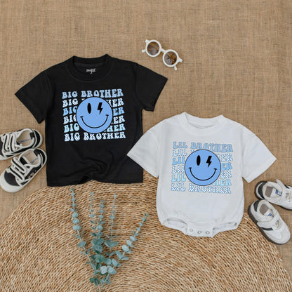 Big Brother Little Brother Matching Shirts for Siblings with Blue Lightning Smiley Face Graphic and Checkerboard Accents Ideal for Baby Announcement or Hospital Coming Home Outfit New Brother Gift