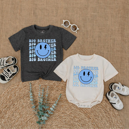 Big Brother Little Brother Matching Shirts for Siblings with Blue Lightning Smiley Face Graphic and Checkerboard Accents Ideal for Baby Announcement or Hospital Coming Home Outfit New Brother Gift