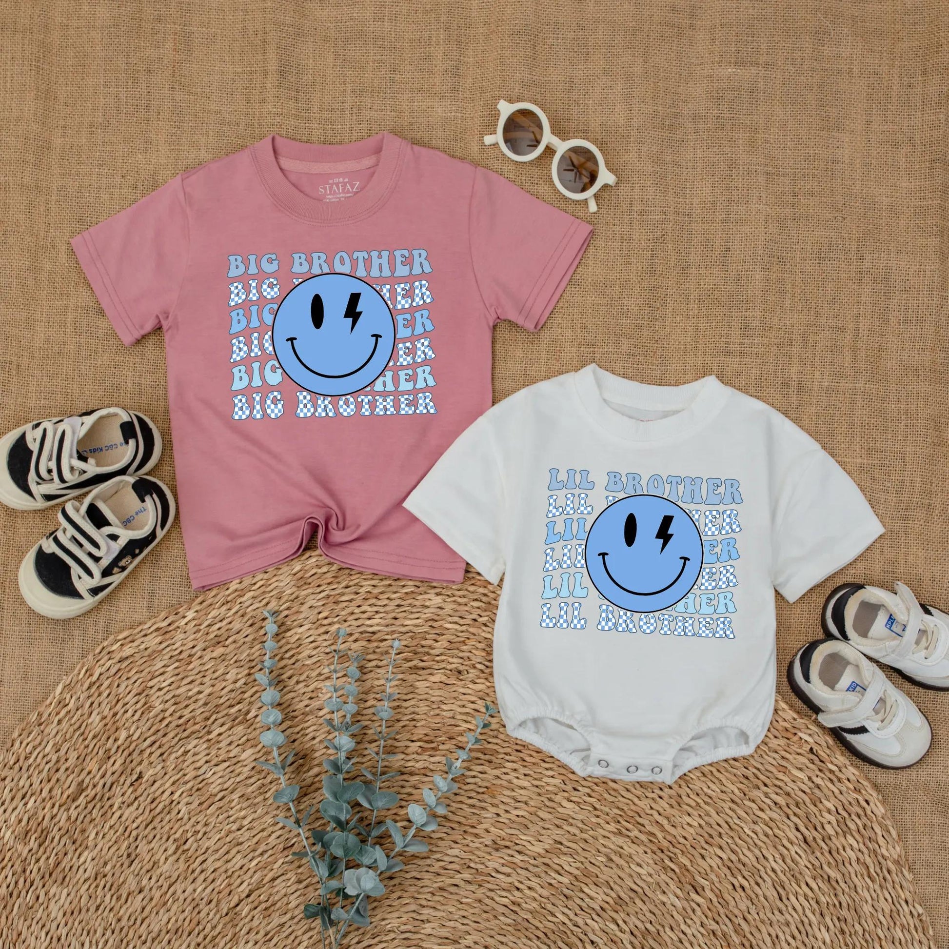 Big Brother Little Brother Matching Shirts for Siblings with Blue Lightning Smiley Face Graphic and Checkerboard Accents Ideal for Baby Announcement or Hospital Coming Home Outfit New Brother Gift