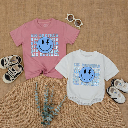 Big Brother Little Brother Matching Shirts for Siblings with Blue Lightning Smiley Face Graphic and Checkerboard Accents Ideal for Baby Announcement or Hospital Coming Home Outfit New Brother Gift