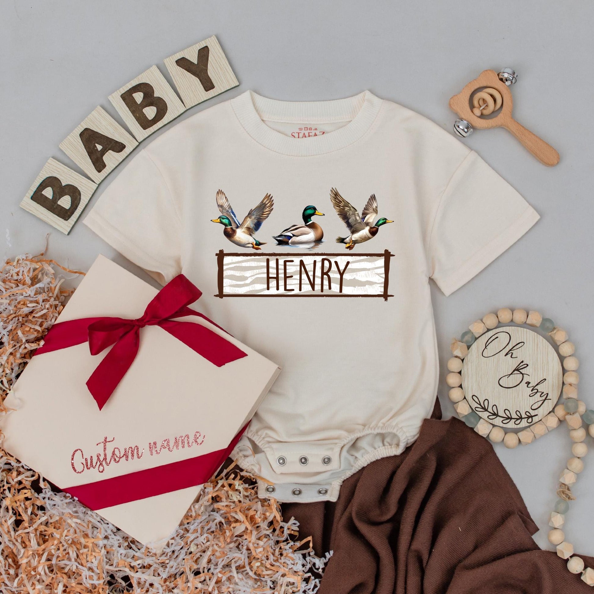 Personalized Mallard Duck Hunting Romper - Baby Boy First Birthday Outfit, Newborn Bodysuit, Duck Lover Gift, Camo Baby Clothes