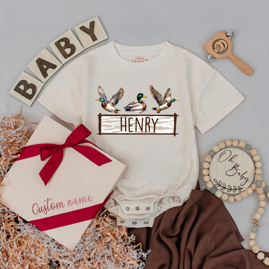 Personalized Mallard Duck Hunting Romper - Baby Boy First Birthday Outfit, Newborn Bodysuit, Duck Lover Gift, Camo Baby Clothes