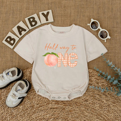 Personalized Peach Half Way To One Romper for Baby Girl's Sweet Half Birthday Party and Adorable Cake Smash Outfit Bodysuit Gift