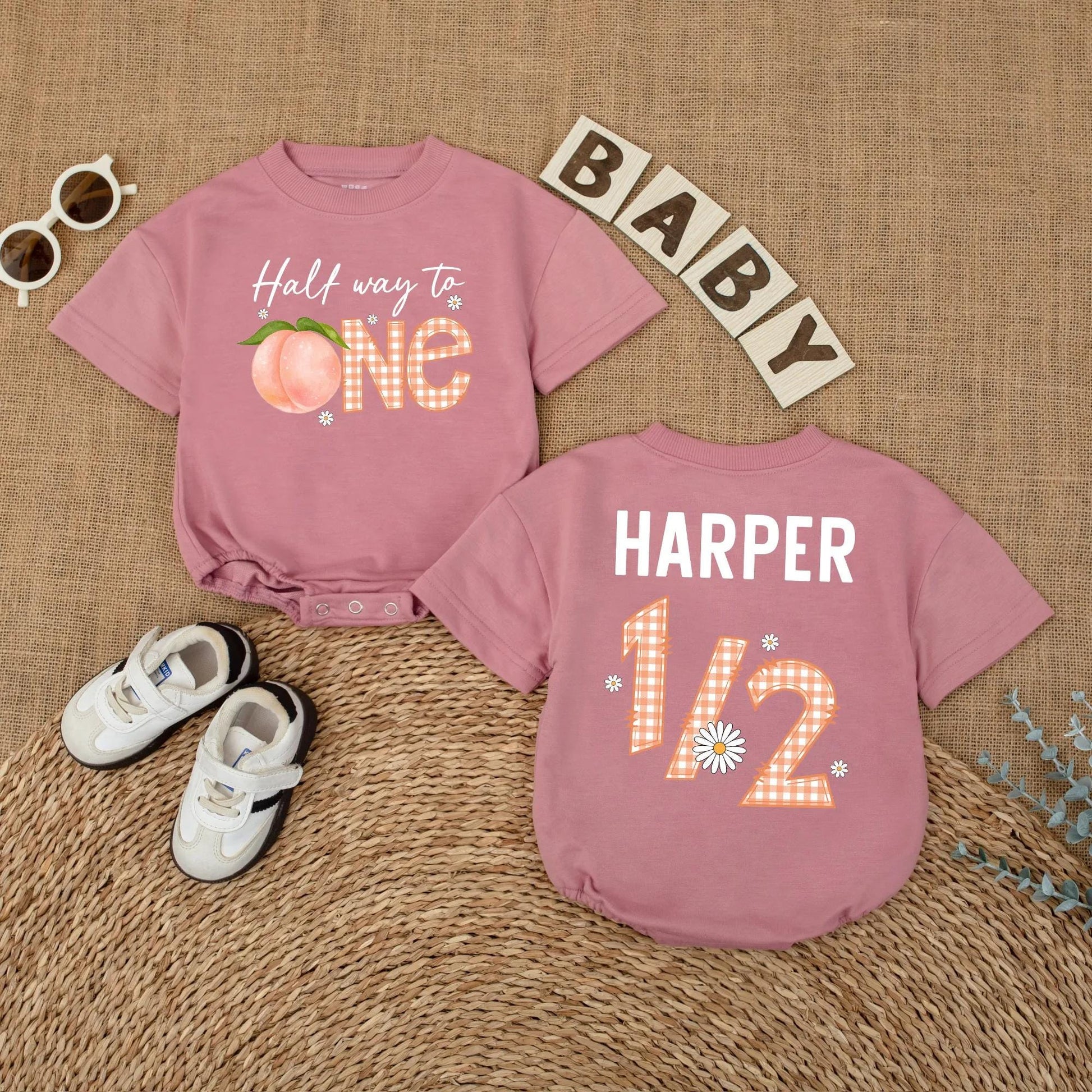 Personalized Peach Half Way To One Romper for Baby Girl's Sweet Half Birthday Party and Adorable Cake Smash Outfit Bodysuit Gift