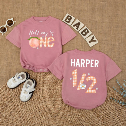 Personalized Peach Half Way To One Romper for Baby Girl's Sweet Half Birthday Party and Adorable Cake Smash Outfit Bodysuit Gift