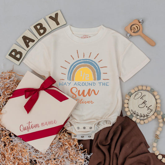 Personalized Halfway to One Baby Romper 1/2 Way Around the Sun Outfit 6 Month Milestone Bubble Gift