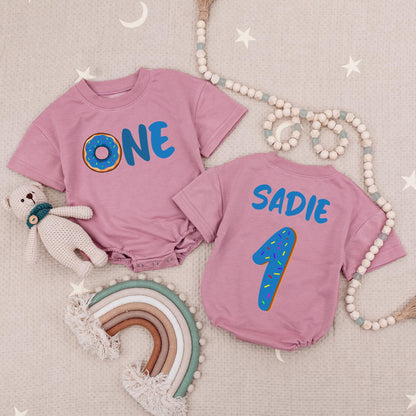 Custom Blue Sprinkled Donut 'ONE' Romper Personalized First Birthday Baby Outfit Toddler Boy Girl Donut Party Gift
