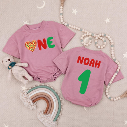 Pizza One Birthday Baby Romper Adorable Red Green Graphics Personalized Noah Name for First Birthday Celebration