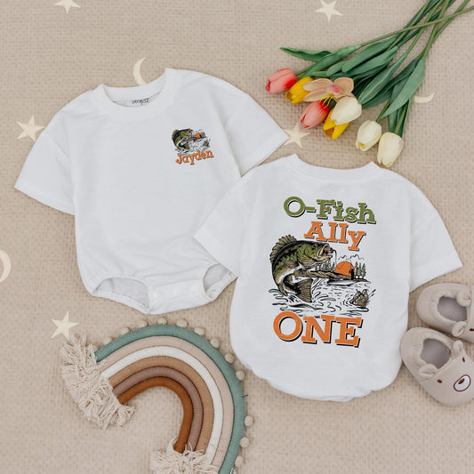 Personalized O-Fish-Ally One Romper: Vintage Fishing First Birthday Outfit, Custom Name Baby Bodysuit, The Big One Clothes, Sunset Scene 1st Birthday 
