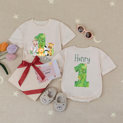Wild One First Birthday Baby Romper, Personalized Name & Age Zoo Safari Outfit, Boy's 1st Birthday Babysuit, Green Leaf Design