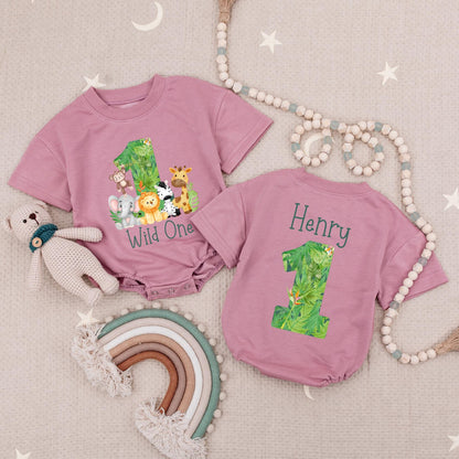 Wild One First Birthday Baby Romper, Personalized Name & Age Zoo Safari Outfit, Boy's 1st Birthday Babysuit, Green Leaf Design