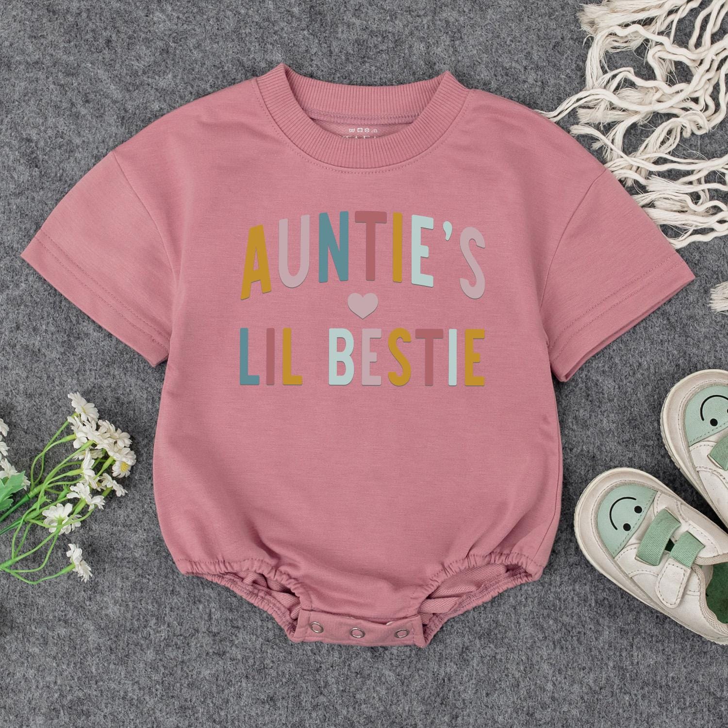 Auntie's Lil Bestie Newborn Baby Romper Gift from Auntie, soft comfortable cotton bodysuit featuring sweet handwriting for shower or pregnancy announcement