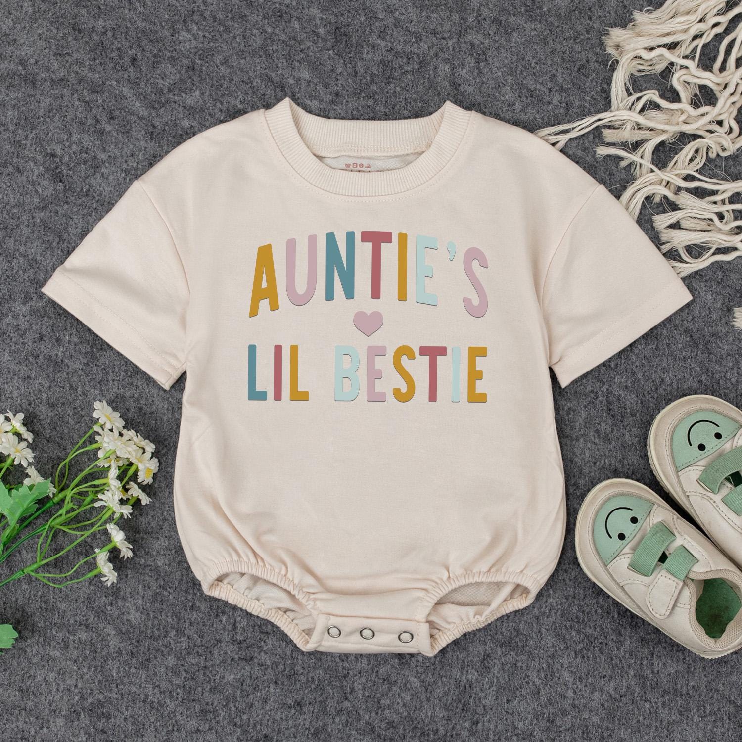 Auntie's Lil Bestie Newborn Baby Romper Gift from Auntie, soft comfortable cotton bodysuit featuring sweet handwriting for shower or pregnancy announcement