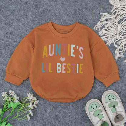 Auntie's Lil Bestie Newborn Baby Romper Gift from Auntie, soft comfortable cotton bodysuit featuring sweet handwriting for shower or pregnancy announcement
