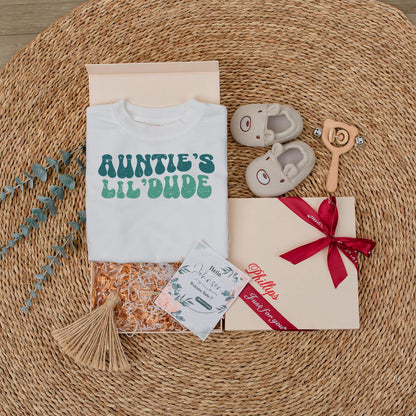 Auntie's Lil' Dude Baby Bodysuit - Retro Blue & Green Design, Soft Cotton, Baby Gift from Auntie, New Aunt Announcement, Baby Shower Gift