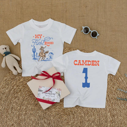 Custom My First Rodeo Baby Romper Personalized Wild West Cowboy Outfit Bubble Bodysuit for First Birthday Cowboy Theme Celebration Gift