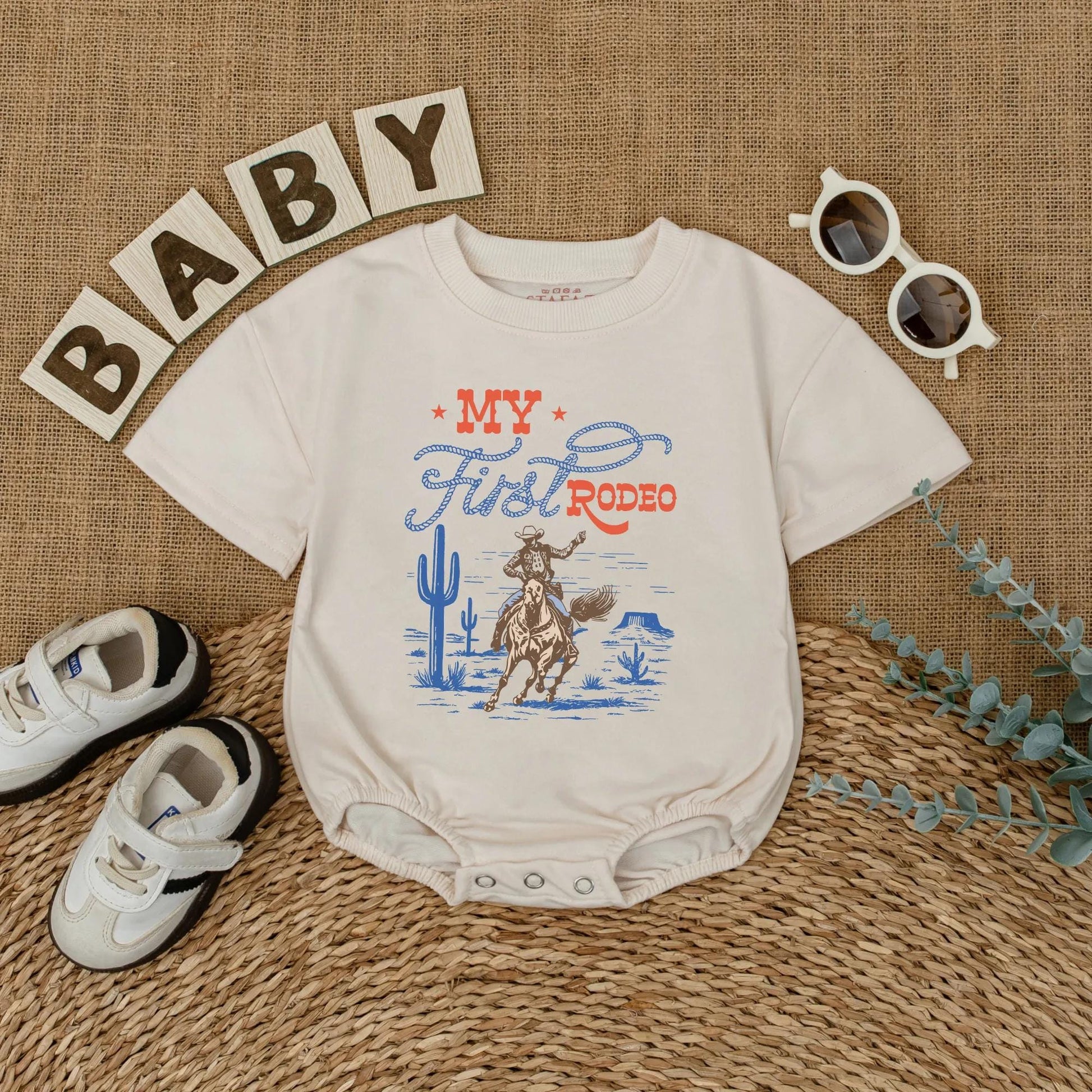 Custom My First Rodeo Baby Romper Personalized Wild West Cowboy Outfit Bubble Bodysuit for First Birthday Cowboy Theme Celebration Gift