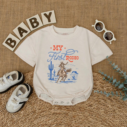 Custom My First Rodeo Baby Romper Personalized Wild West Cowboy Outfit Bubble Bodysuit for First Birthday Cowboy Theme Celebration Gift