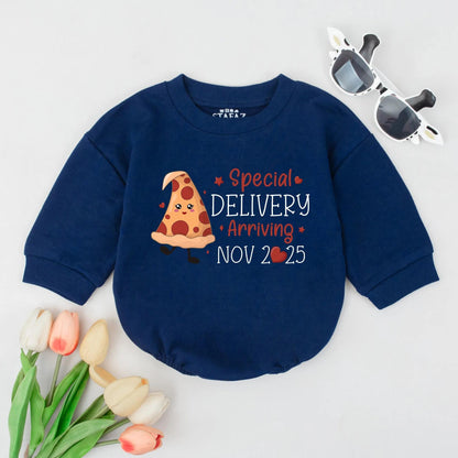 Custom Date Special Delivery Pizza Baby Announcement Romper Soft Cotton Newborn Outfit Expecting Mom Gift Shower