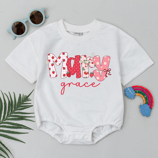 Mary Grace Strawberry Baby Bubble Romper Cute Fruit Summer Bodysuit Personalized Birthday Outfit Baby Shower Gift