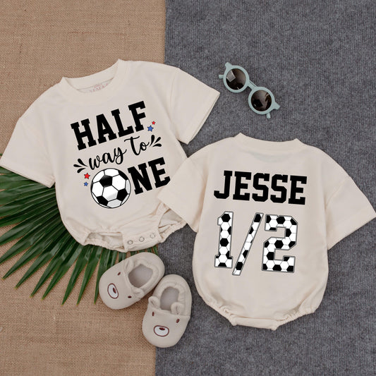 Custom Soccer Half Birthday Romper - Cute Short Sleeve Outfit for Baby's Six Month Celebration or Photo Shoot - Game Day Ready! Summer Baby Gift