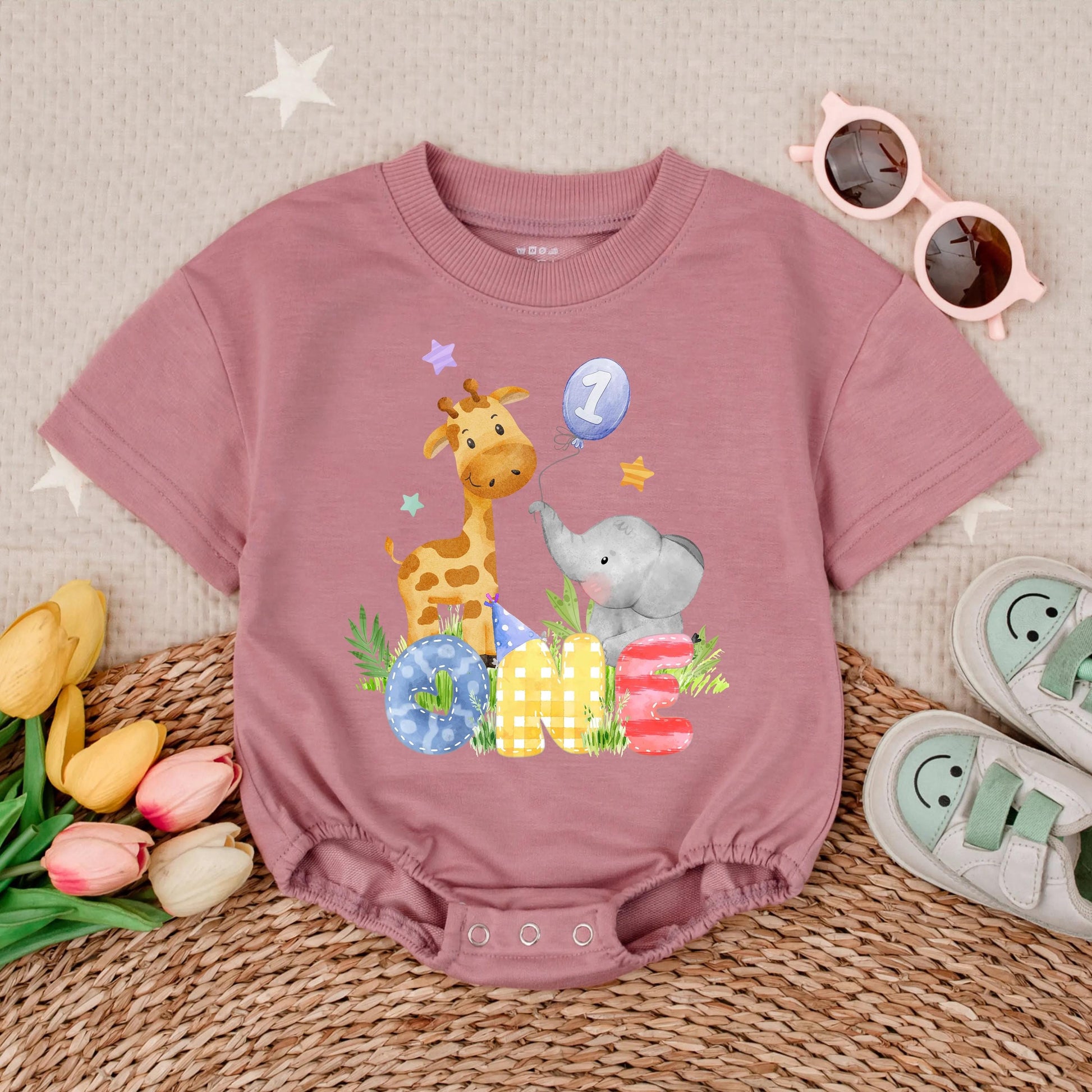 Wild One Safari Animals Boy 1st Birthday Bubble Romper Cute Zoo Outfit Personalized Toddler Gift Idea Soft Cotton Comfortable