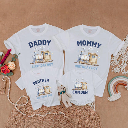 Matching Train Birthday Family Shirts, Chugga Chugga Two Two Outfit, 2nd Birthday Boy, Watercolor Train Design, Soft Blues & Tans