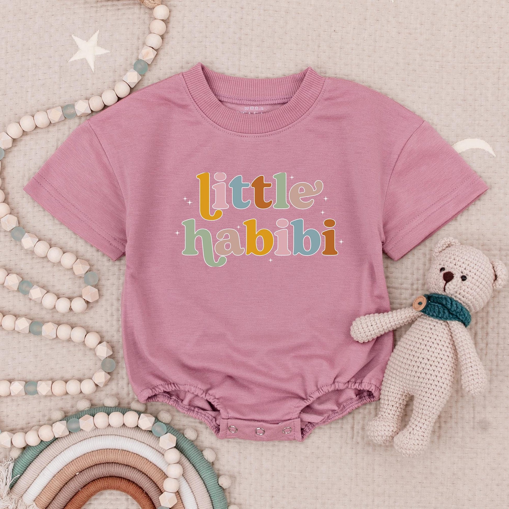 Little Habibi Pastel Baby Romper Cute Arabic Muslim Gift Soft Cotton Round Font Star Accents Cheerful Modern Outfit