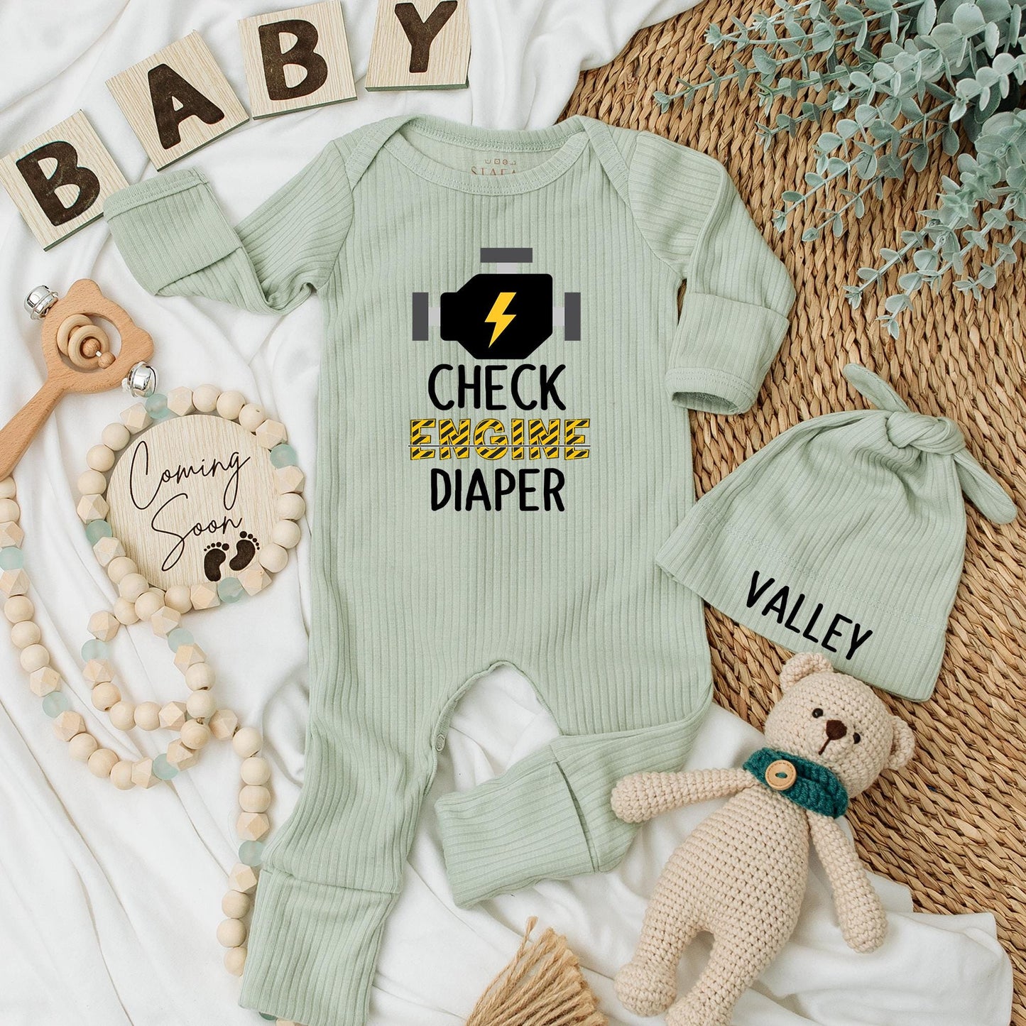 Check Engine Baby Bodysuit Funny Mechanic Diaper Humor Cute Lightning Bolt Engine Yellow Black Hazard Tape Style Baby Shower Gift for Newborns