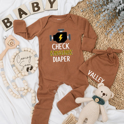 Check Engine Baby Bodysuit Funny Mechanic Diaper Humor Cute Lightning Bolt Engine Yellow Black Hazard Tape Style Baby Shower Gift for Newborns