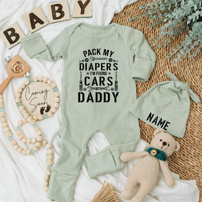 Daddy and Me Baby Bodysuit 'PACK MY DIAPERS I'M FIXING CARS WITH DADDY' Mechanic Newborn Outfit Garage Buddy Boy Shower Gift