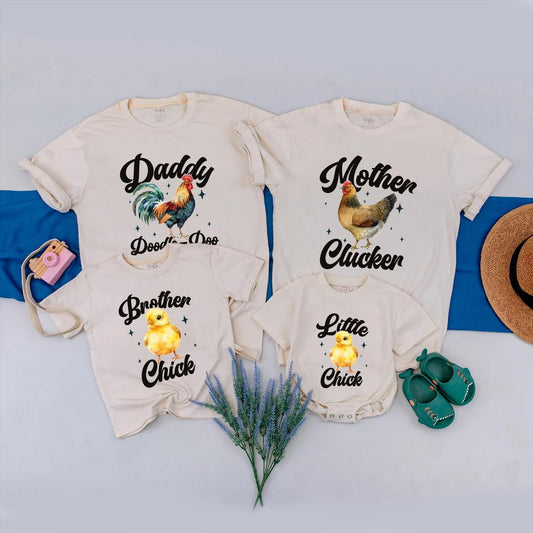 Matching Chicken Family Shirts: Daddy Rooster, Mother Hen, & Little Chick Baby Bodysuit - Farm Birthday Outfit