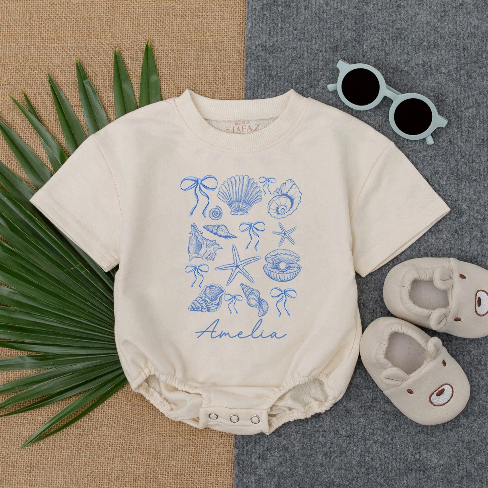 Personalized Seashell Baby Bubble Romper Short Sleeve Ocean Beach Outfit for Toddler Infant Girl Summer Vacation Gift