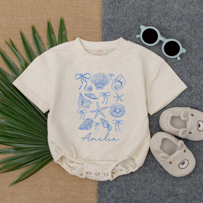 Personalized Seashell Baby Bubble Romper Short Sleeve Ocean Beach Outfit for Toddler Infant Girl Summer Vacation Gift