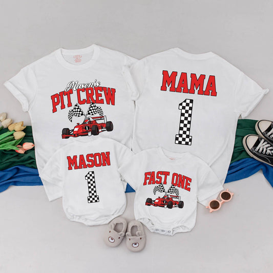 Personalized Pit Crew Family Matching T-Shirts, Race Car Birthday Outfit for 1st Birthday Girl or Boy, Fast One Shirts