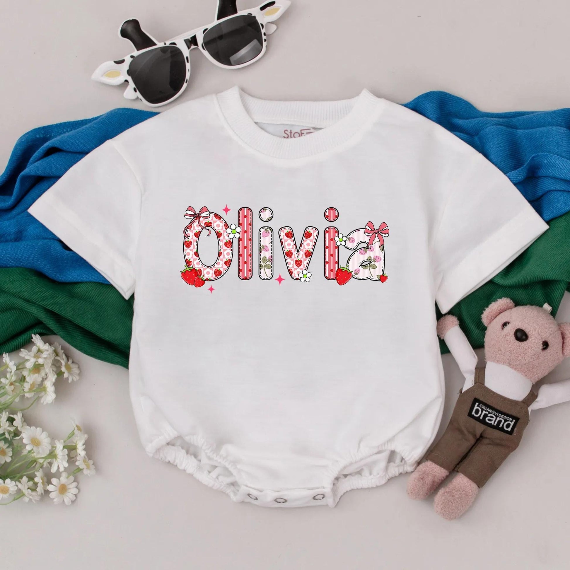 Personalized Strawberry Baby Girl Romper Custom Name Floral Summer Bodysuit Cute Newborn Fruit Birthday Gift Outfit
