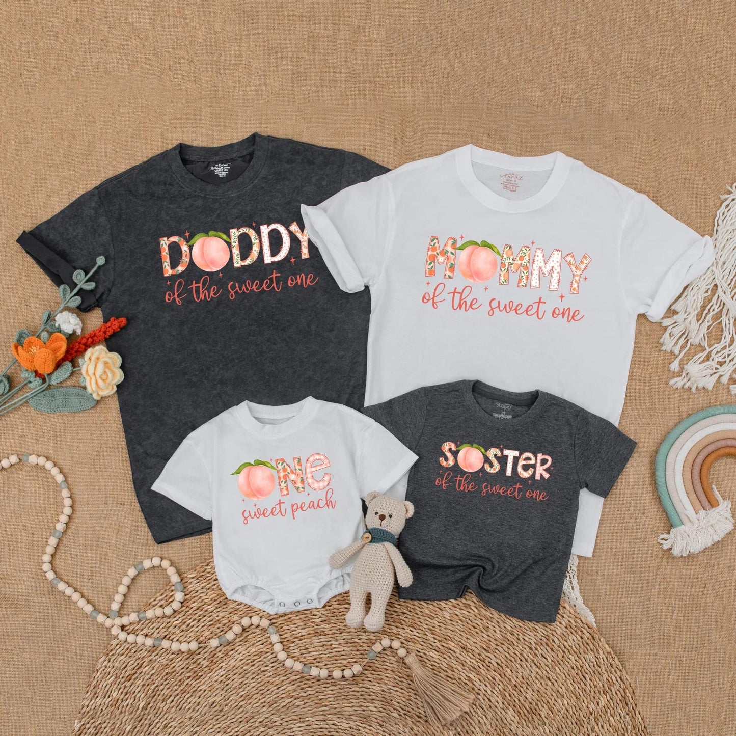 One Sweet Peach First Birthday Matching Family Shirts Mama Dad Baby Girl Sweet One Outfit Peach Theme Party Summer Boho Comfortable