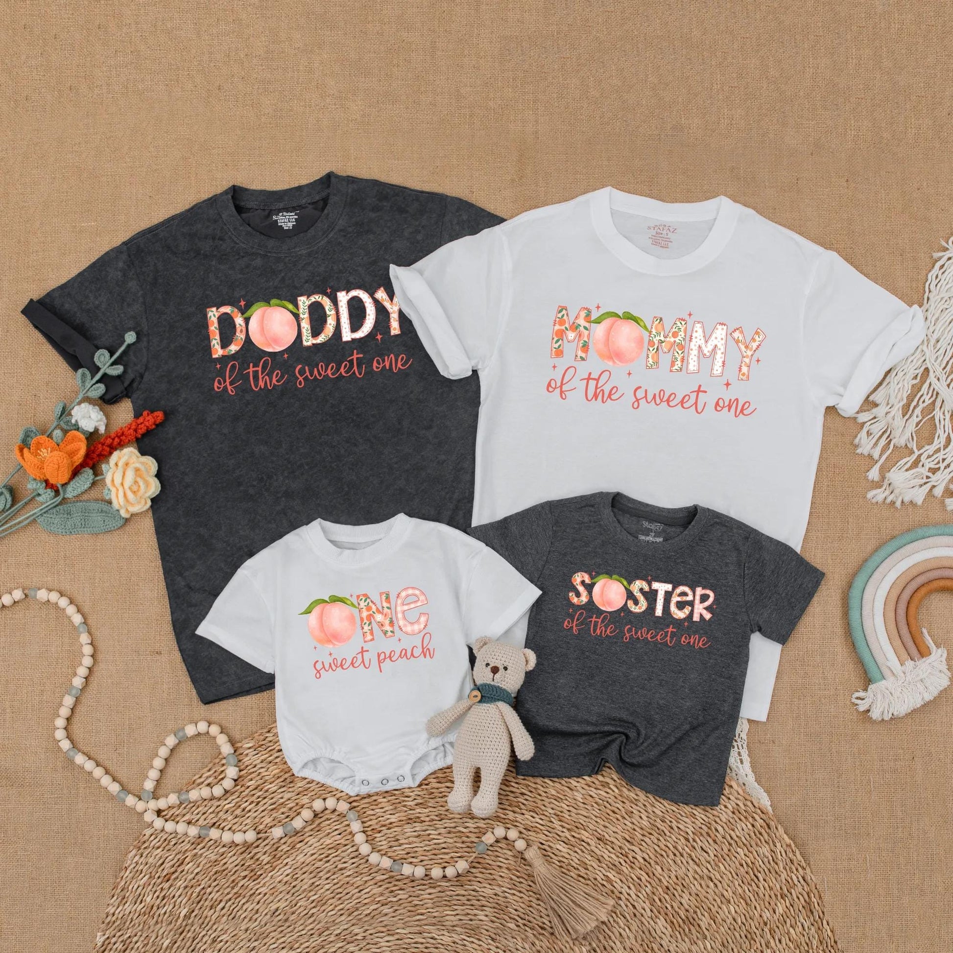 One Sweet Peach First Birthday Matching Family Shirts Mama Dad Baby Girl Sweet One Outfit Peach Theme Party Summer Boho Comfortable